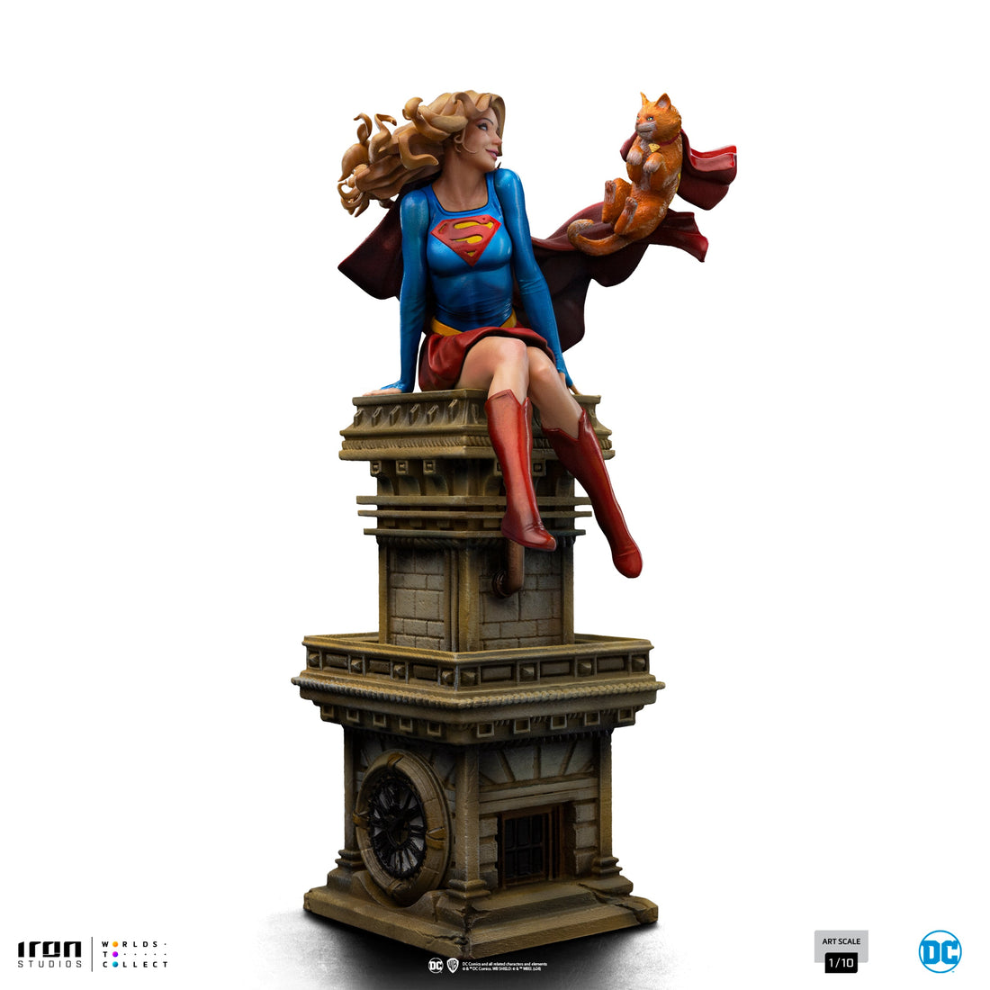 Supergirl statue on a pedestal with a white background