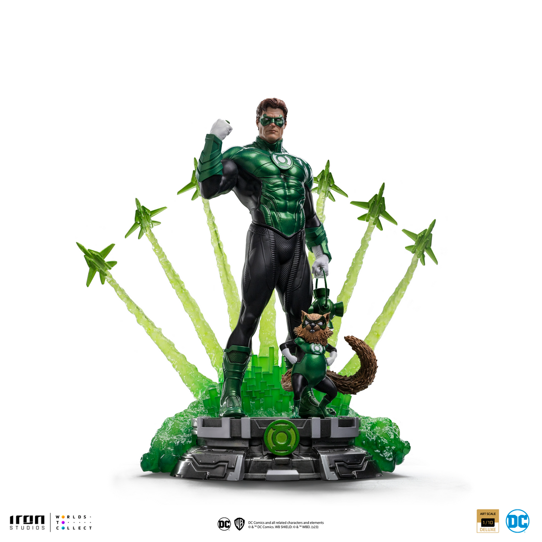 Green Lantern statue with a green light effect on a white background