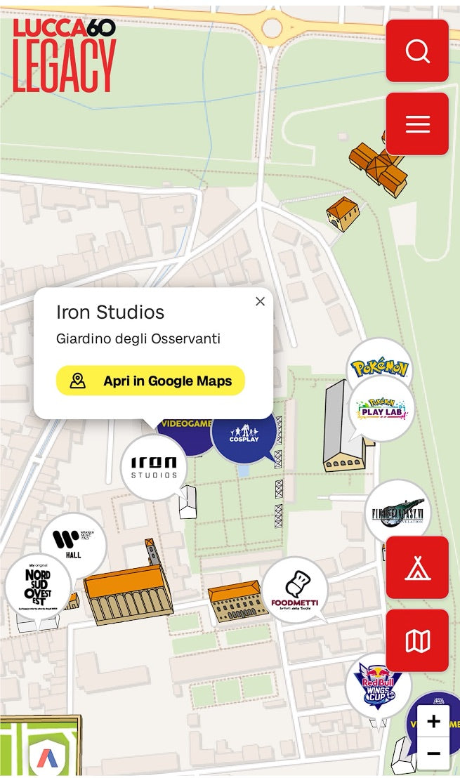 Mappa di Lucca con lo stand Iron Studios al Giardino degli Osservanti / Map of Lucca with the Iron Studios stand